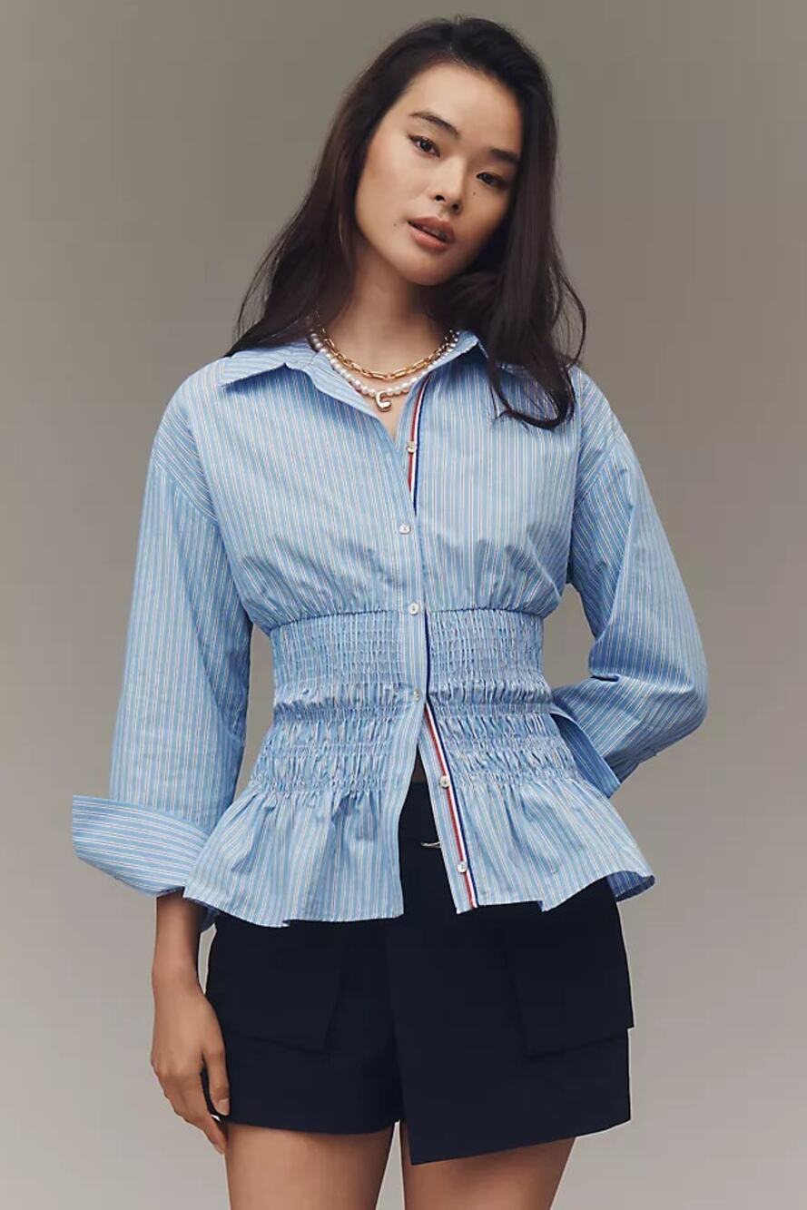Maeve by Anthropologie Striped Long-Sleeve Smocked-Waist Blouse Blue White Large